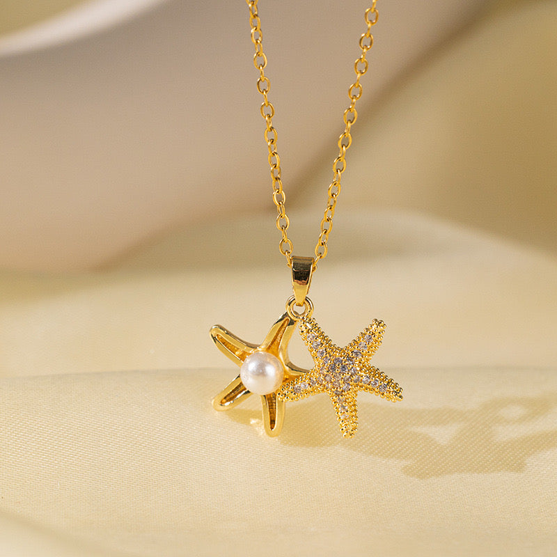 C623 Collar estrella de mar perla blanca abre y cierra acero de titanio largo 21.5cm dije 2cm