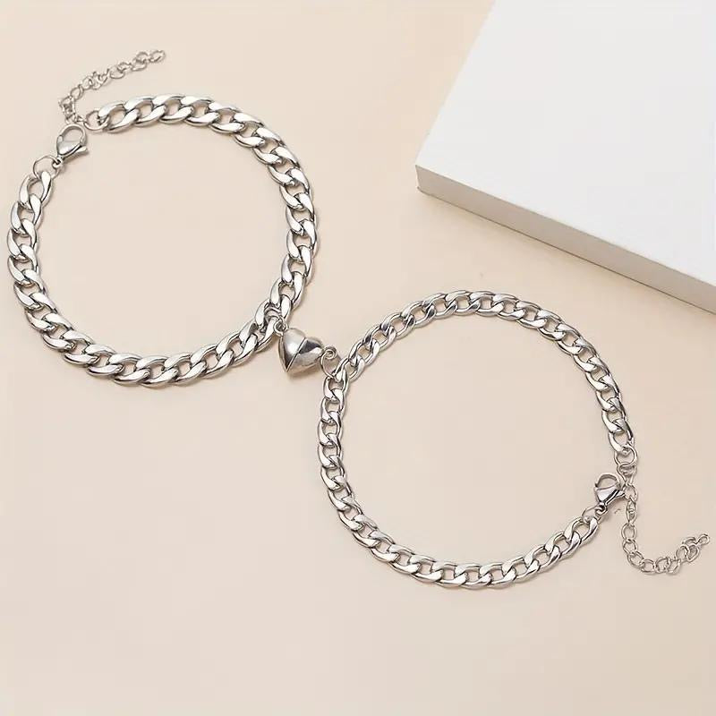 B667 pulsera plateada dúo de pareja corazon imán eslabones cubanos acero inoxidable 21cm