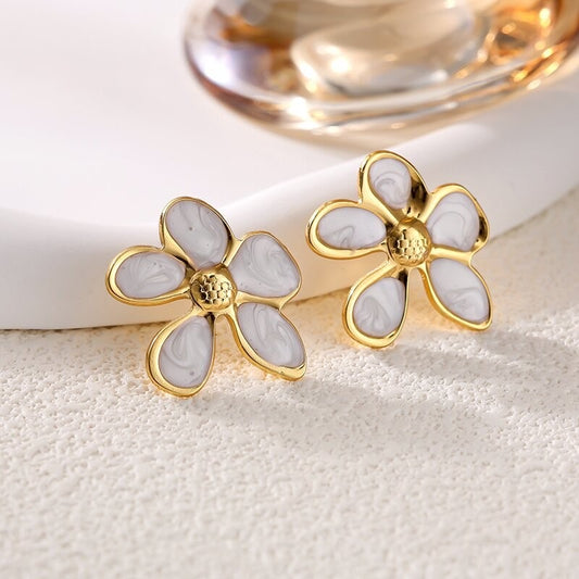 E4637 aretes flor blanca acero inoxidable 4cm