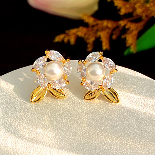 E7145 Aretes flor elegante brillante hoja dorada aleacion 1.5cm