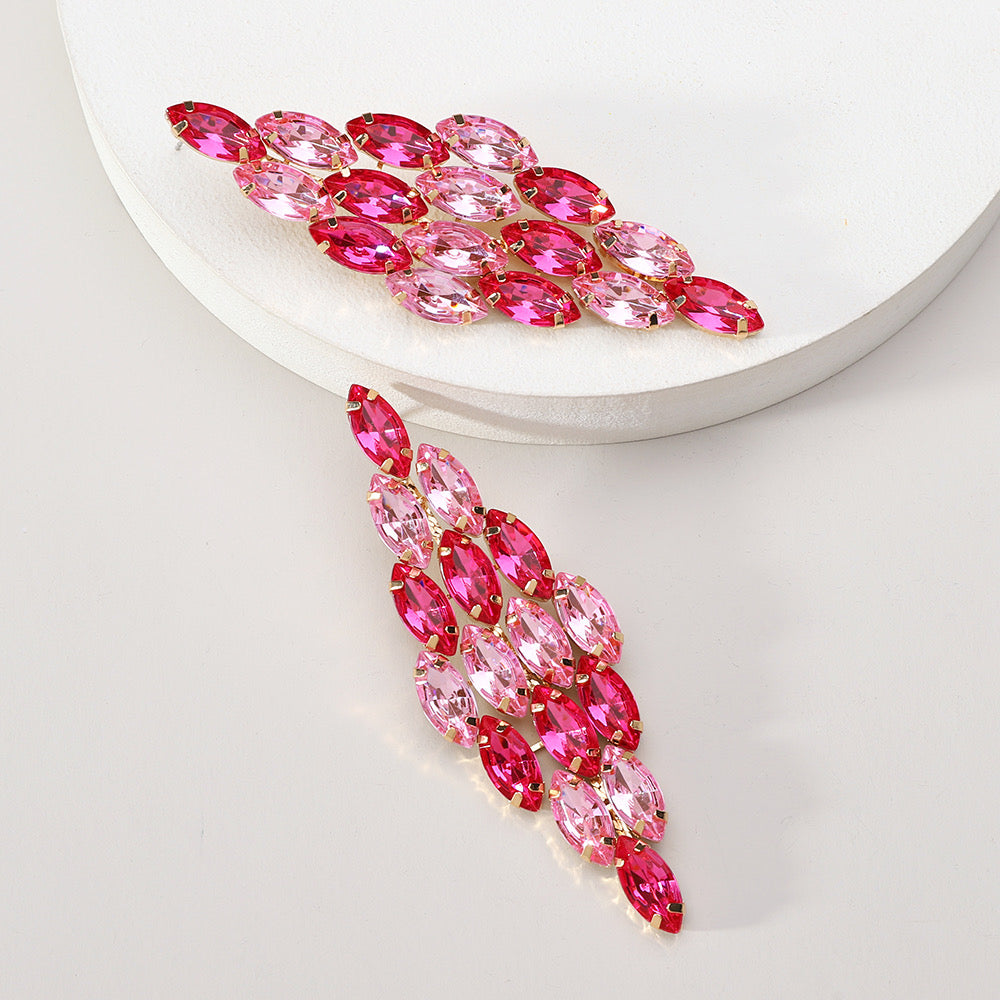 E3622 Aretes rombo de cristal fucsia brillante fiesta aleacion 9cm
