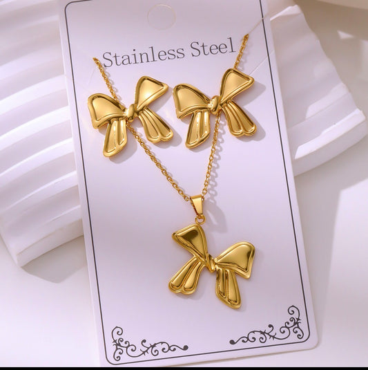 C1283 Conjunto de collar y aretes moño dorado acero inoxidable