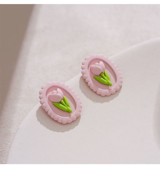 E3595 Aretes óvalo tulipán esmaltado aleación 1.5cm