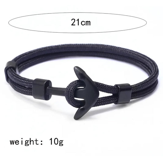B322 Pulsera caballero negra timon ancla moda poliester aleacion 21cm