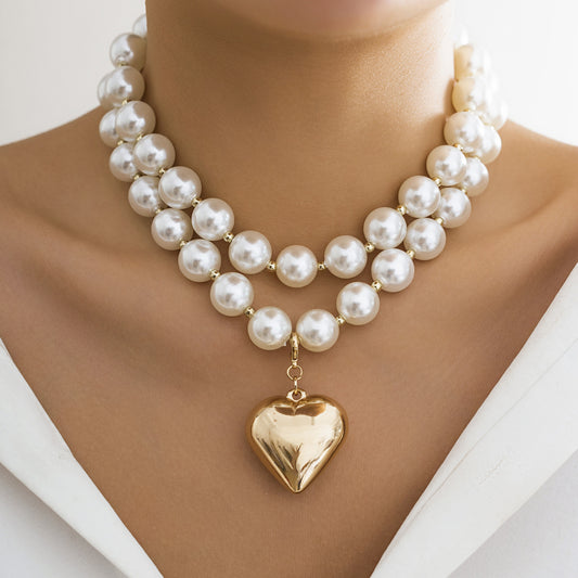 C778 Collar perlas corazón dorado cobre 23cm