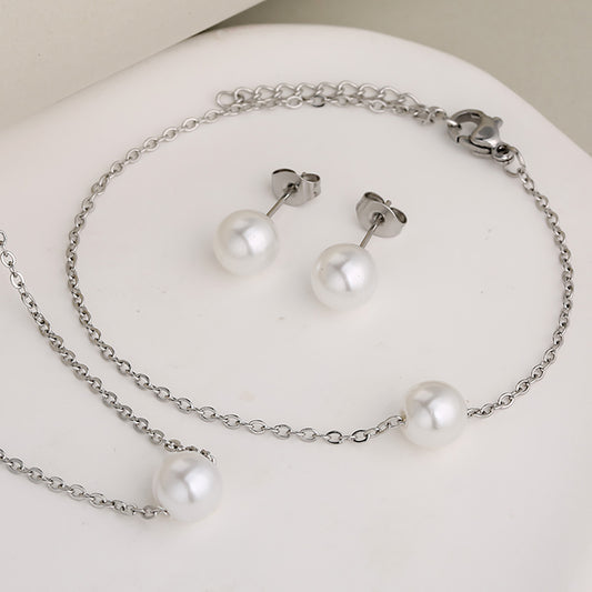 C950 Conjunto de aretes collar y pulsera perla plateado acero inoxidable 23cm largo pulsera 20cm largo