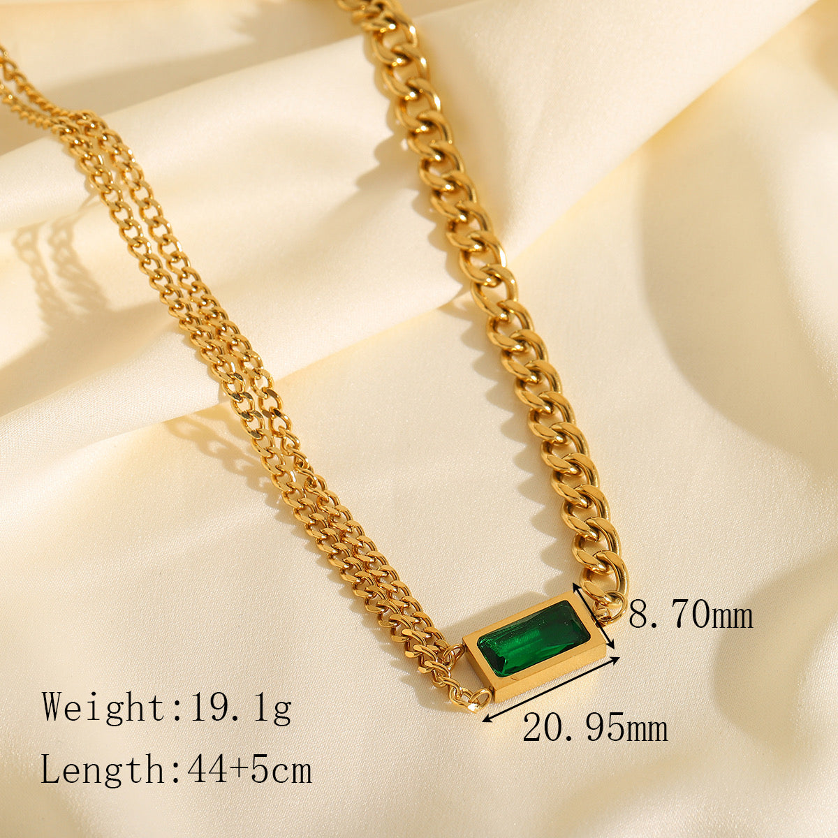 C873 Collar cristal verde acero inoxidable chapado en oro de  18k 23cm largo 2cm dije