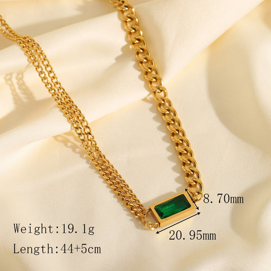 C873 Collar cristal verde acero inoxidable chapado en oro de  18k 23cm largo 2cm dije