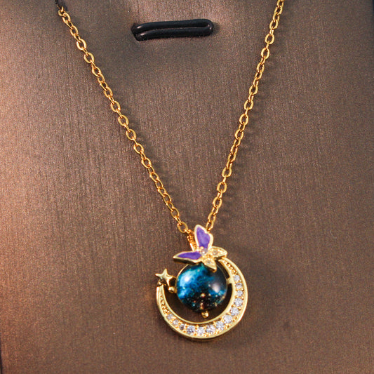 C565 Collar luna planeta acero de titanio largo 22cm dije 2cm