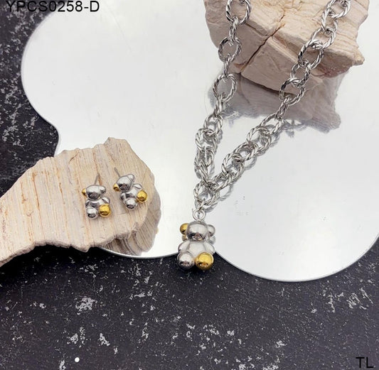 C1214 conjunto de collar y aretes oso plateado acero inoxidable chapado en oro de 18k