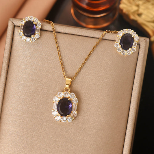 C1125 conjunto de collar y aretes diamante morado acero inoxidable