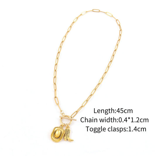 C829 Collar bota vaquera y sombrero dorado acero inoxidable 25cm largo 3.5 dije