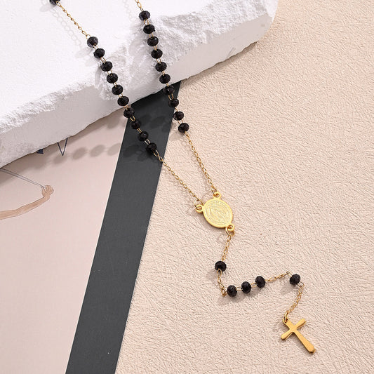 C1120 Collar Rosario cuencas redondas negras acero inoxidable chapado en oro de 18k 23 cm