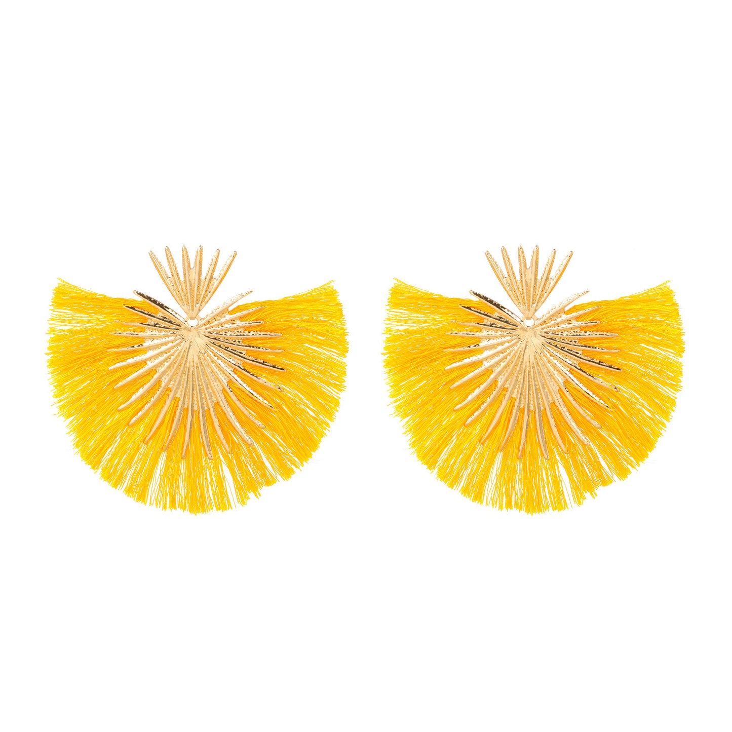 E7098AM Aretes pico dorado y flecos amarillo  en forma de abanico aleacion 9cm