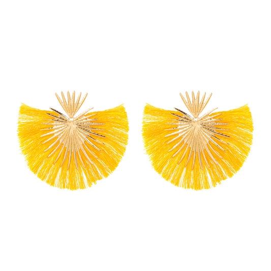 E7098AM Aretes pico dorado y flecos amarillo  en forma de abanico aleacion 9cm