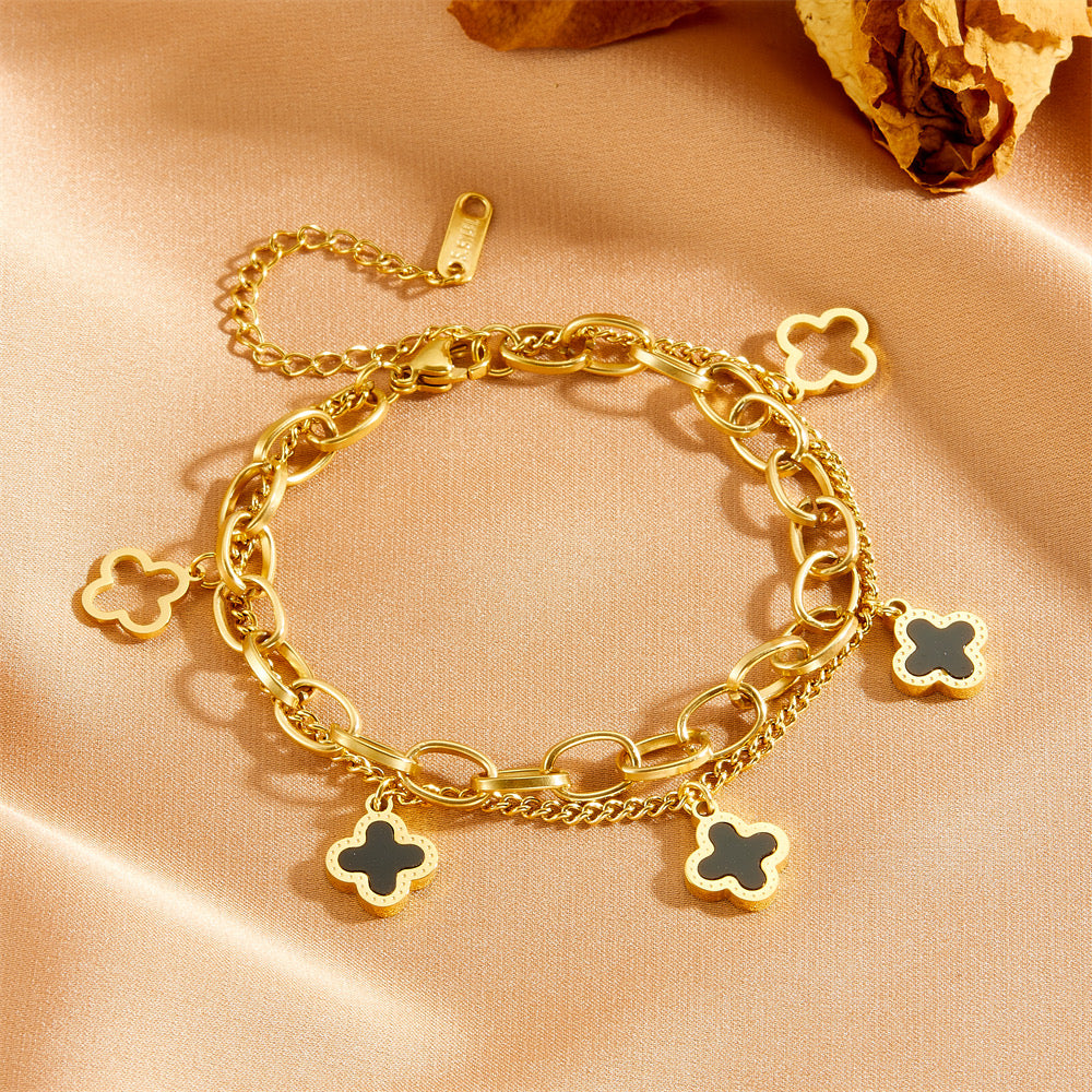 B273 Pulsera trebol acero inoxidable chapado en oro 18k 24cm dije 1cm