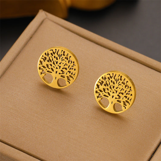 E5872 Aretes circulares árbol de la abundancia acero inoxidable 316 chapado en oro de 18k