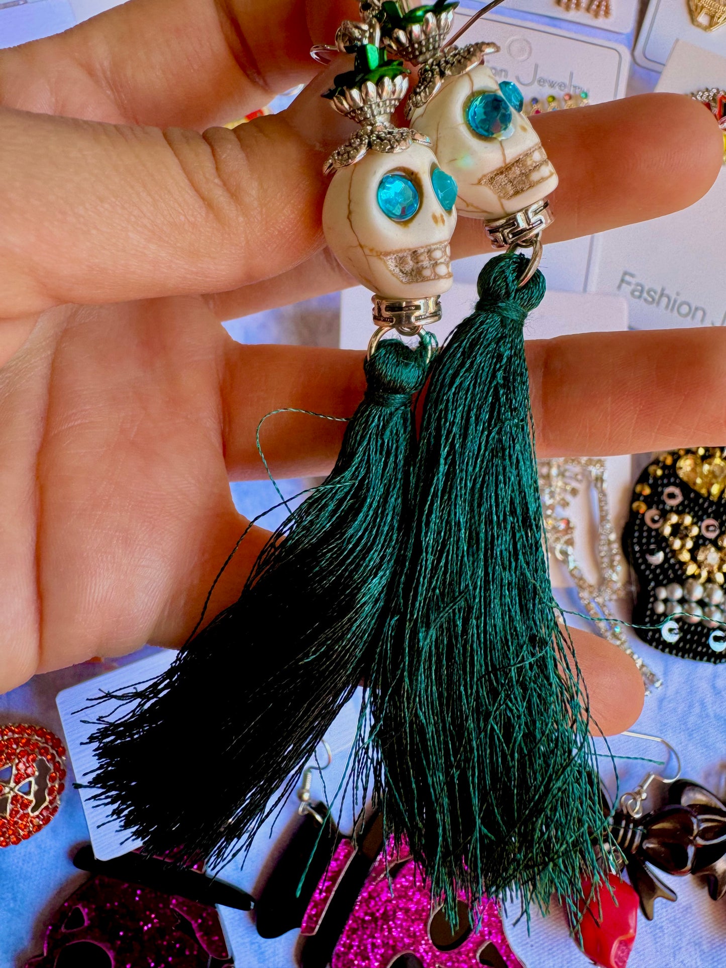 E247 Aretes Catrina Calavera Cortina Hilos Algodón Dia De Muertos Halloween