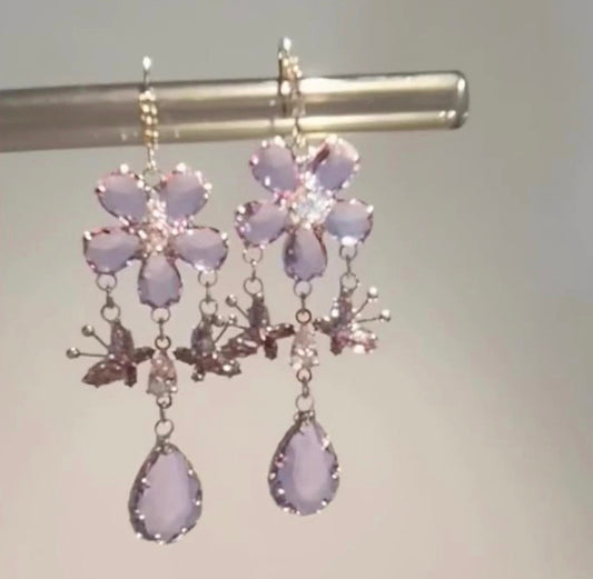 E5259 Aretes flor gota brillante morado aleacion poste de plata