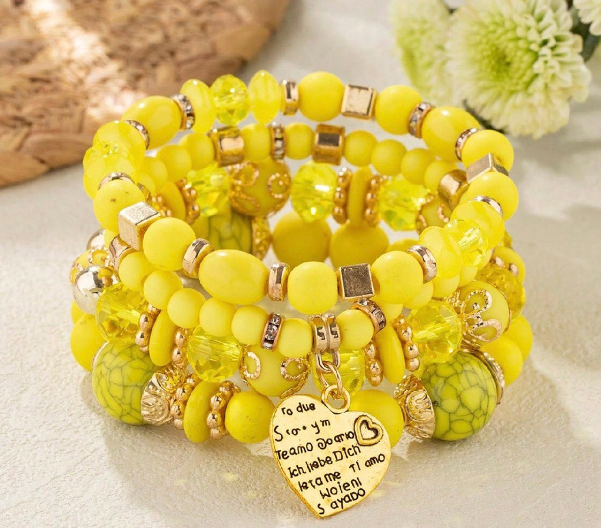 B675 Conjunto de pulsera amarilla cuencas elastica