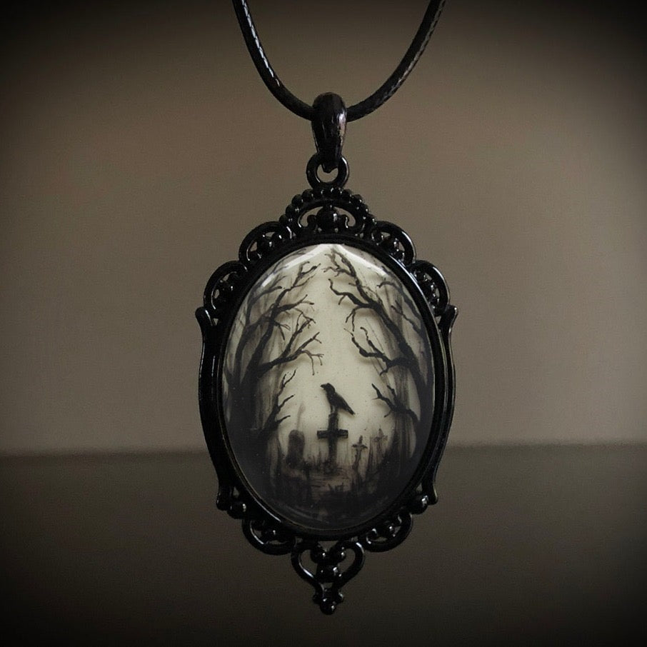 C835 Collar óvalo cuervo Halloween aleacion cuerda de cuero 22cm largo 6cm dije