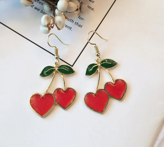 E3313 Aretes cereza esmaltado aleacion gancho 4cm