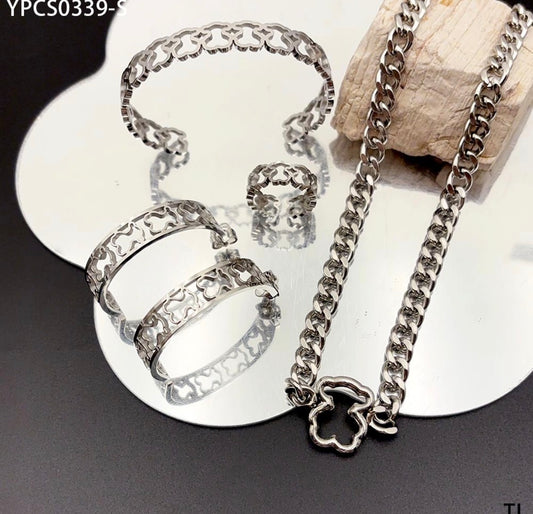 C1206 conjunto de collar pulsera aretes y anillo plateado acero inoxidable chapado en oro de 18k