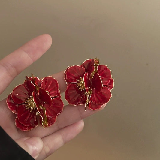 E3708 Aretes flor roja aleacion 4cm