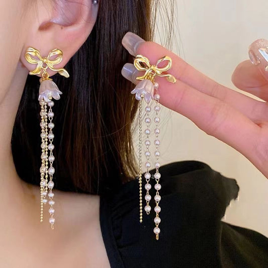 E3843 Aretes moño elegante fiesta aleacion 9.5cm