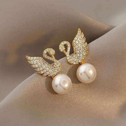 E1521 Aretes cisne perla aleacion imitacion diamante 2cm