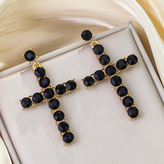 E3529 Aretes cruz cristal negra brillante fiesta aleacion 7cm