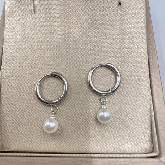 E2887 Aretes argolla perla acero de titanio 2.5cm