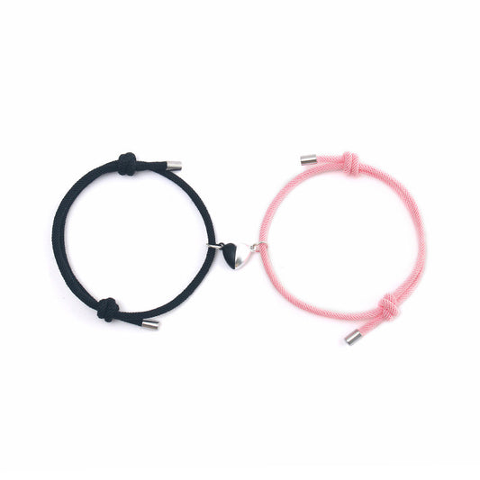 B349NR Pulsera negra y rosa corazon duo pareja soga