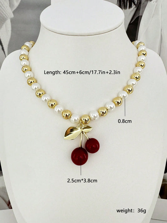 C678 Collar cereza perlas resina laton chapado en oro 18k largo 23cm dije 3cm