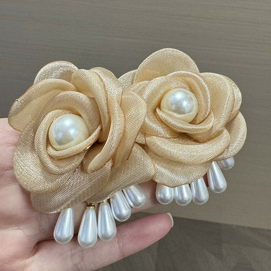 E5851 Aretes rosas beige perlas organza aleacion 7cm