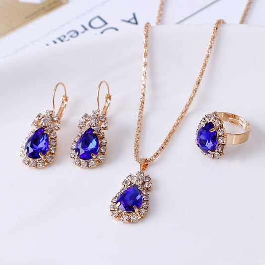 C1599 Conjunto de collar aretes y anillo gota elegante azul rey  aleacion 24cm largo 1.5dije