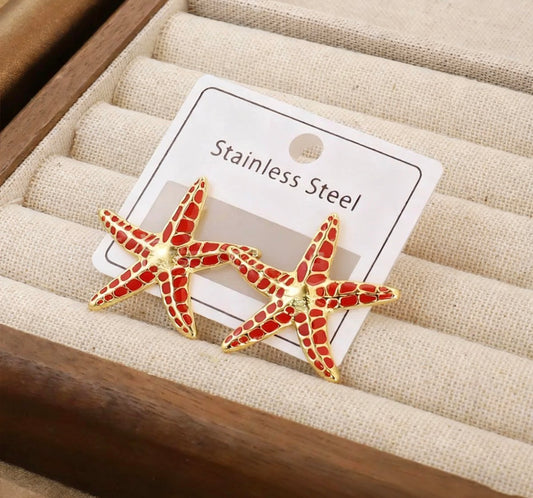 E7026 Aretes estrella de mar roja acero inoxidable 5cm