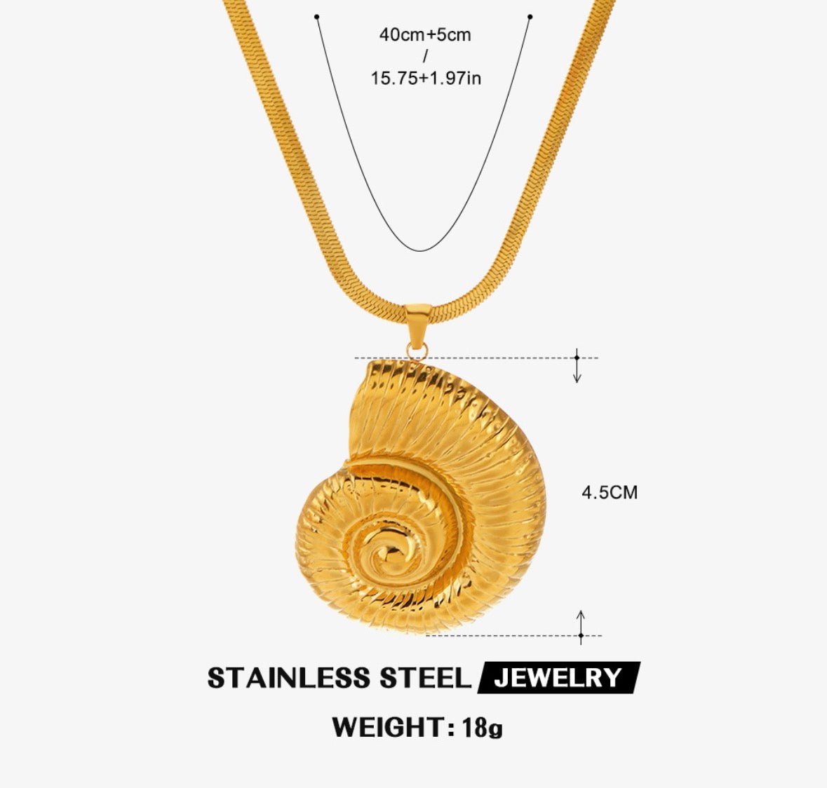 C1248 Collar caracol de mar dorado acero inoxidable dije 5cm