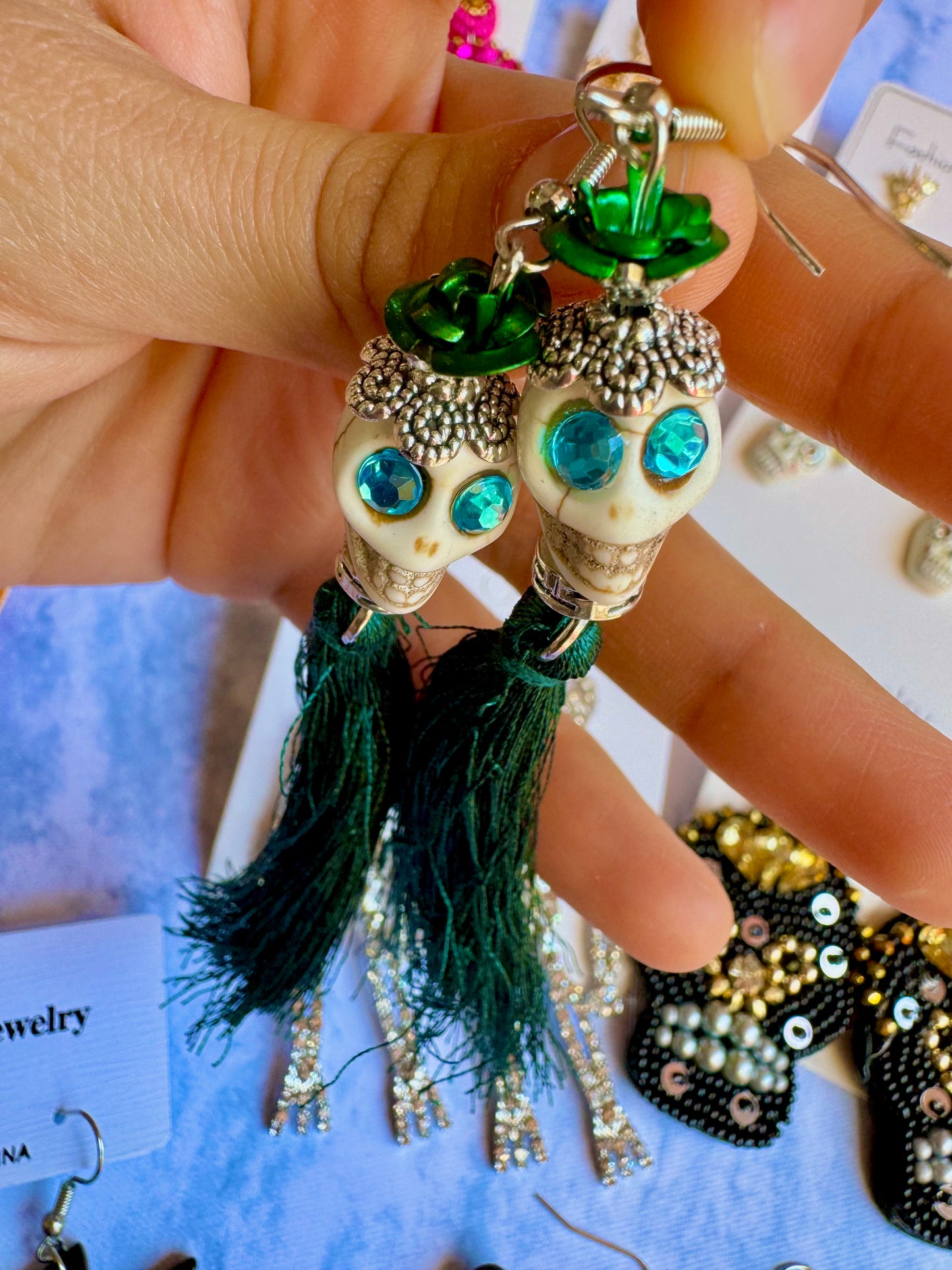 E247 Aretes Catrina Calavera Cortina Hilos Algodón Dia De Muertos Halloween