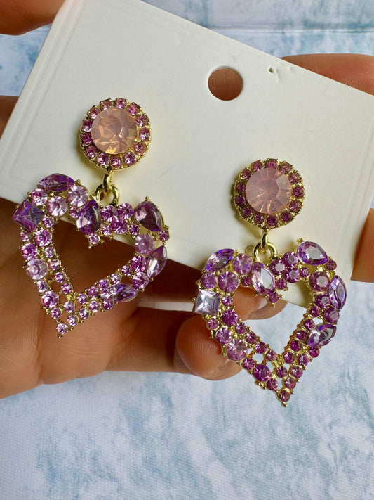 E901 Aretes corazón cristal morado zirconia poste de plata 4cm