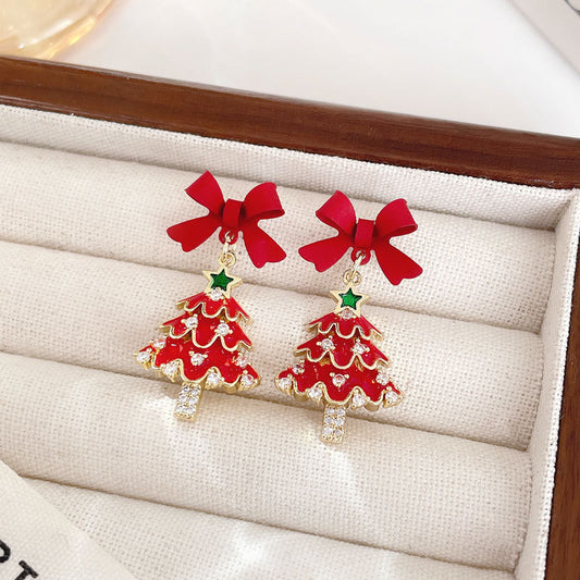 E4257  Aretes árbol de Navidad rojo moño aleacion 3cm