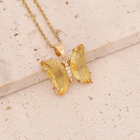 C621AM Collar mariposa amarillo acero inoxidable chapado en oro 18k largo 23cm dije 2cm