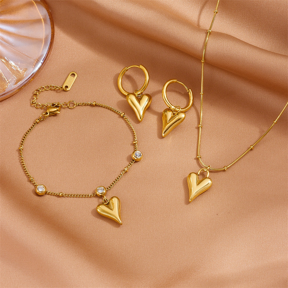 C881 conjunto de collar aretes y pulsera corazón acero titanio 26cm largo collar 20cm largo pulsera