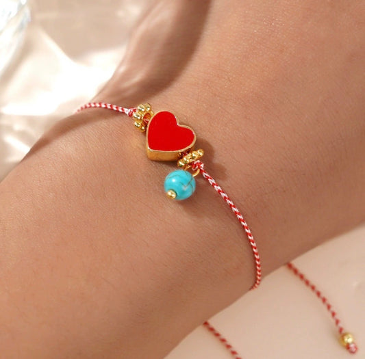 B739 Pulsera ajustable ojo turco y corazón trenzada aleacion
