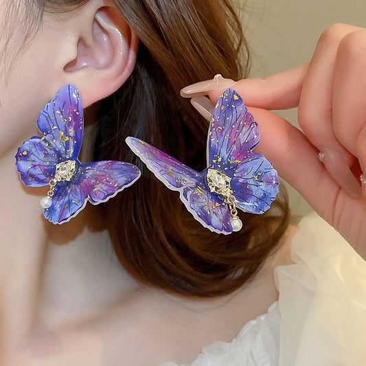 E3966 Aretes mariposa morada poste de plata 6cm