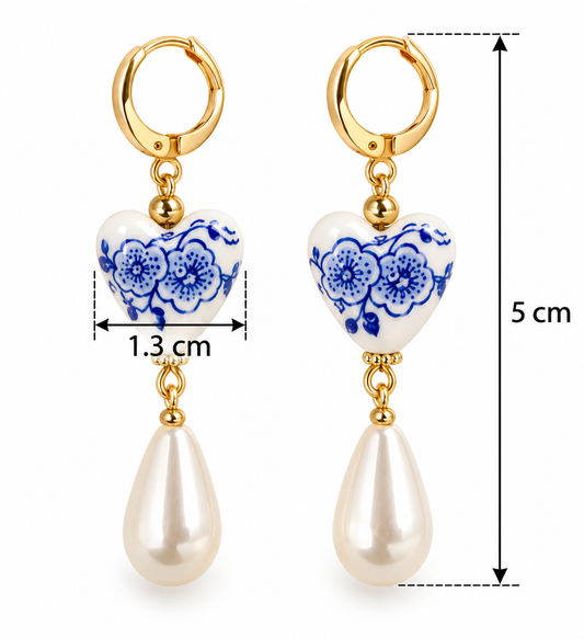 E7509 Aretes corazon ceramica y perla colgante de aleacion