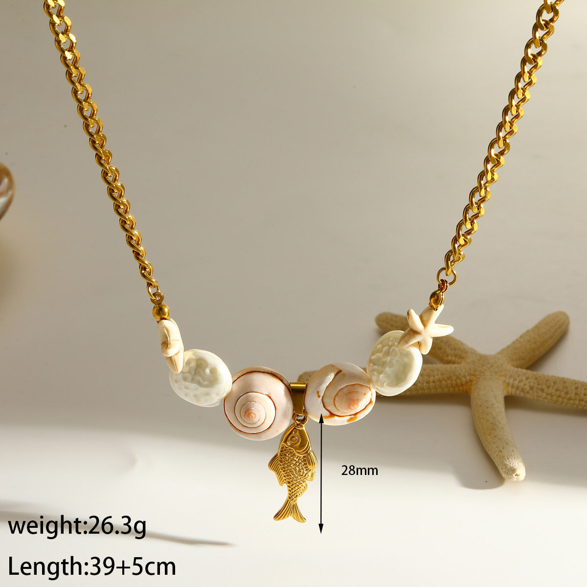 C1522 Collar pez de mar dorado eslabones cubanos acero inoxidable chapado en oro de 18k 25cm