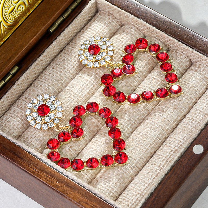 E4403 Aretes corazón cristal rojo aleacion 5cm