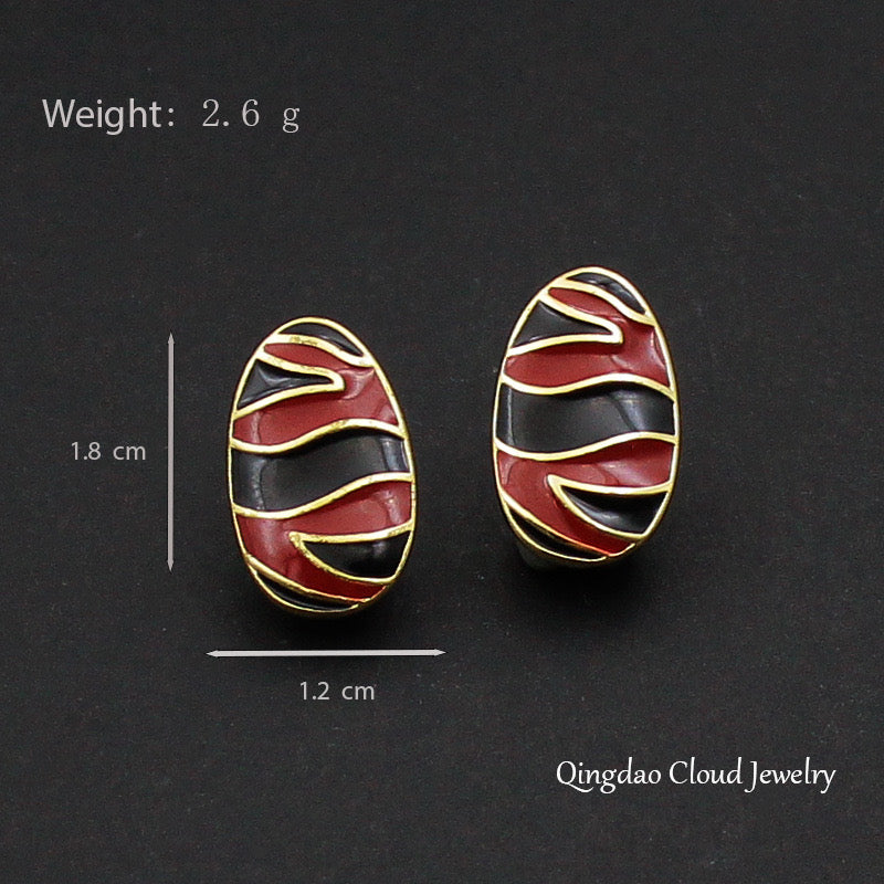 E5917 Aretes ovalado rojo negro aleacion de zinc de plata 925 3cm