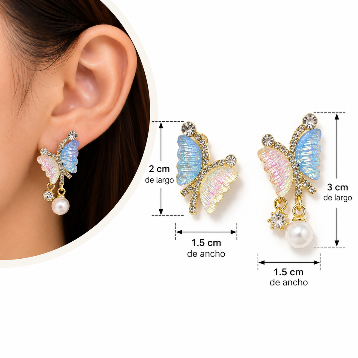 E7542 Aretes mariposa con circonia y perla en un arete de aleacion